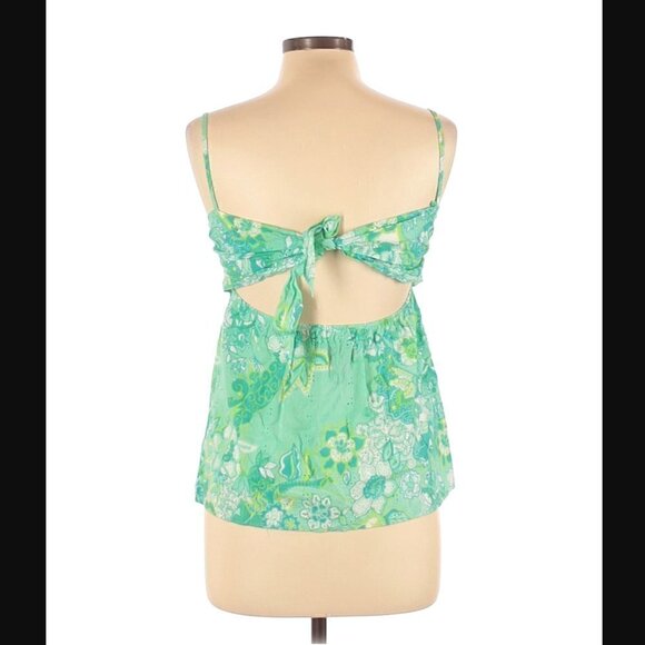 INC Tank Top 10P Y2K Babydoll Empire Waist Open Tie Back Eyelet Green Printed - Picture 3 of 7